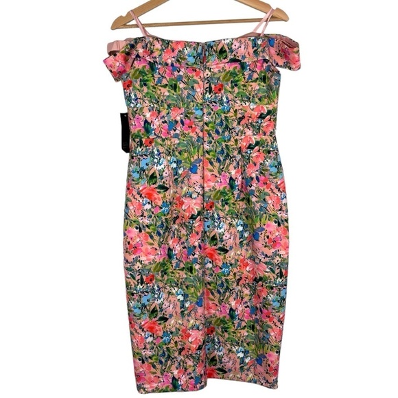AIDAN MATTOX FLORAL OFF THE SHOULDER PRINTED CREPE SHEATH COCKTAIL DRESS - Picture 5 of 15